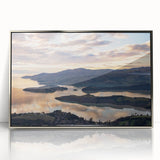 Mid-century modernist art depicting the Canterbury, New Zealand scenery in muted earth tones, framed in silver acrylic.