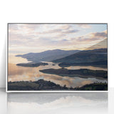 Acrylic print of a Canterbury, New Zealand landscape in muted green and blue tones, ideal for modern art wall decor.