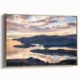 Framed canvas of a vintage-style New Zealand landscape in black and gold tones, ideal for bedroom wall art.