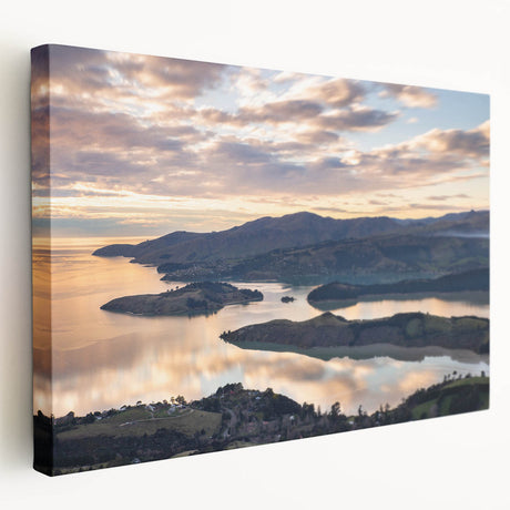 Side view of a stretched canvas depicting the Canterbury, New Zealand scenery in cool blue and green tones.