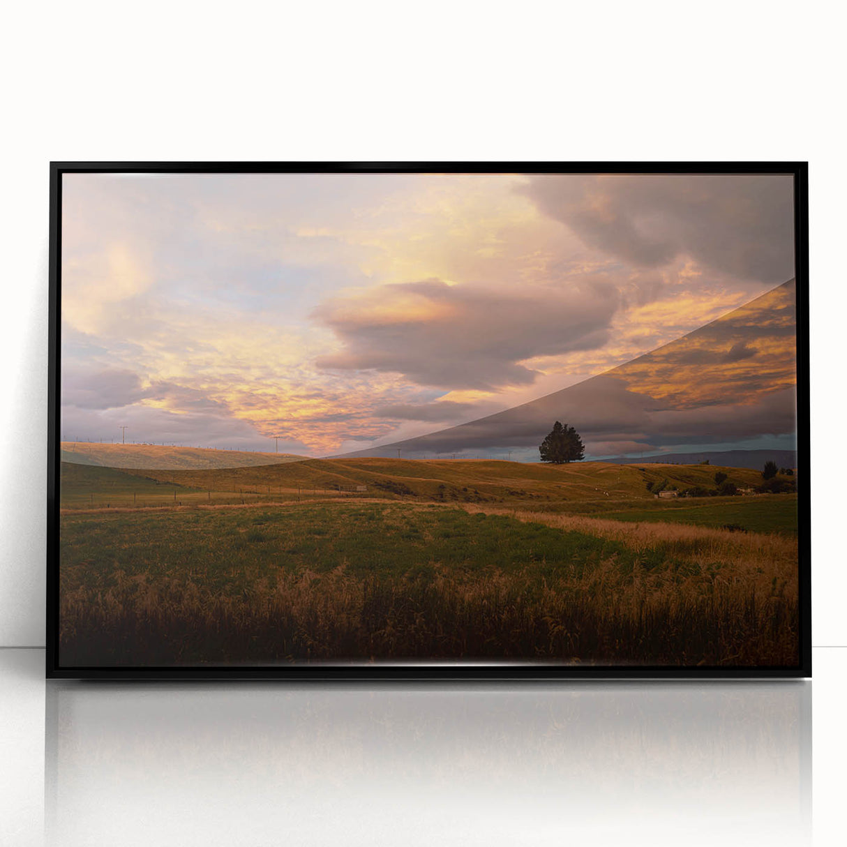 Large abstract wall art depicting the Otago, New Zealand scenery in muted earth tones, framed in black acrylic.