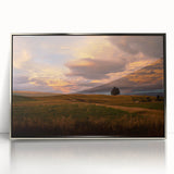 Mid-century modernist art depicting the Otago, New Zealand scenery in a silver-framed acrylic, ideal for nursery wall art.