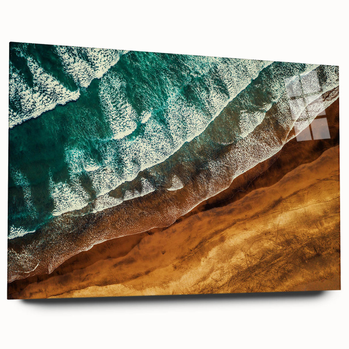 Large abstract wall art of New Zealand's West Coast in muted blues and greens on acrylic glass.