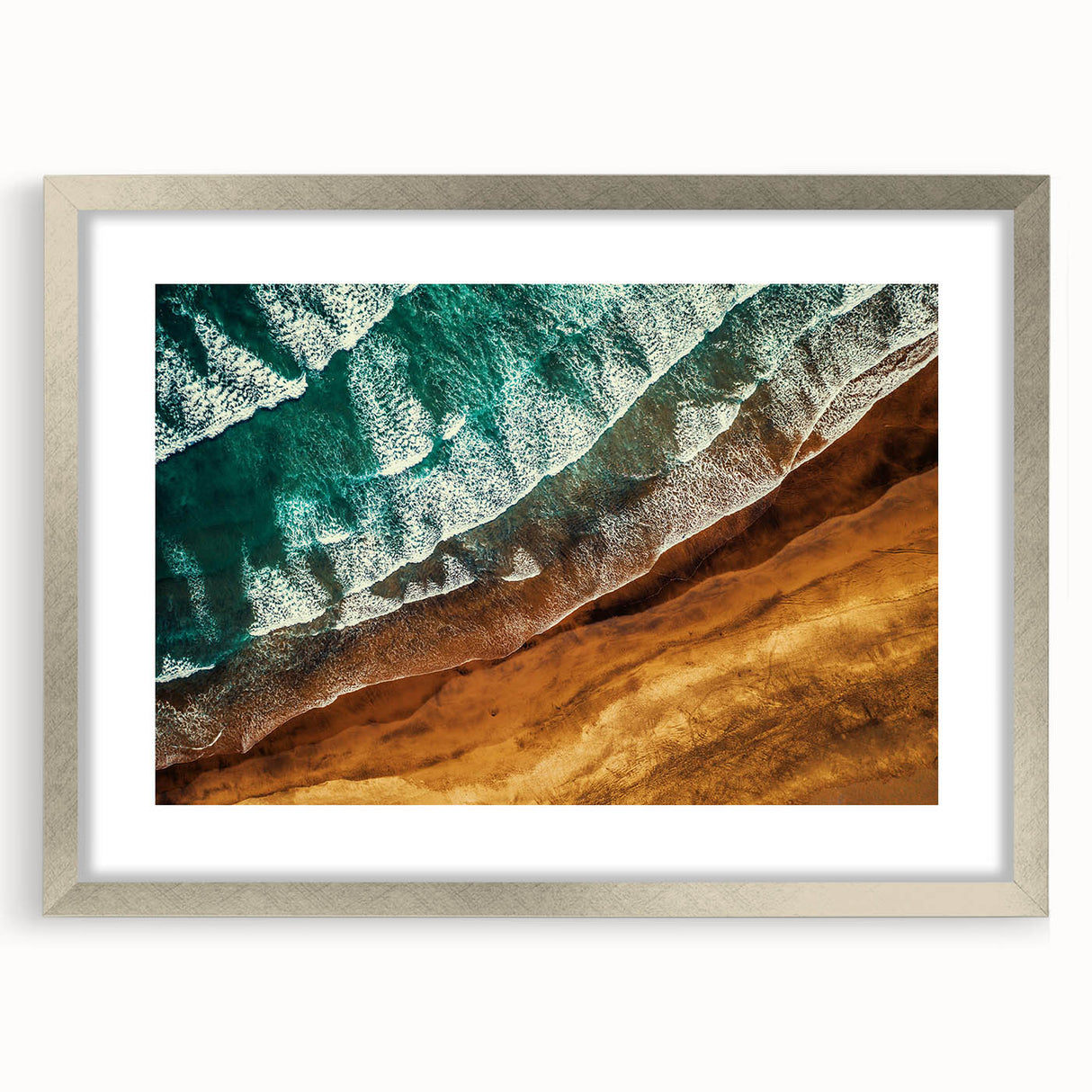 Textured abstract art print of New Zealand's West Coast in silver frame, featuring muted earth tones, ideal for bedroom art.