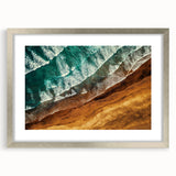 Textured abstract art print of New Zealand's West Coast in silver frame, featuring muted earth tones, ideal for bedroom art.