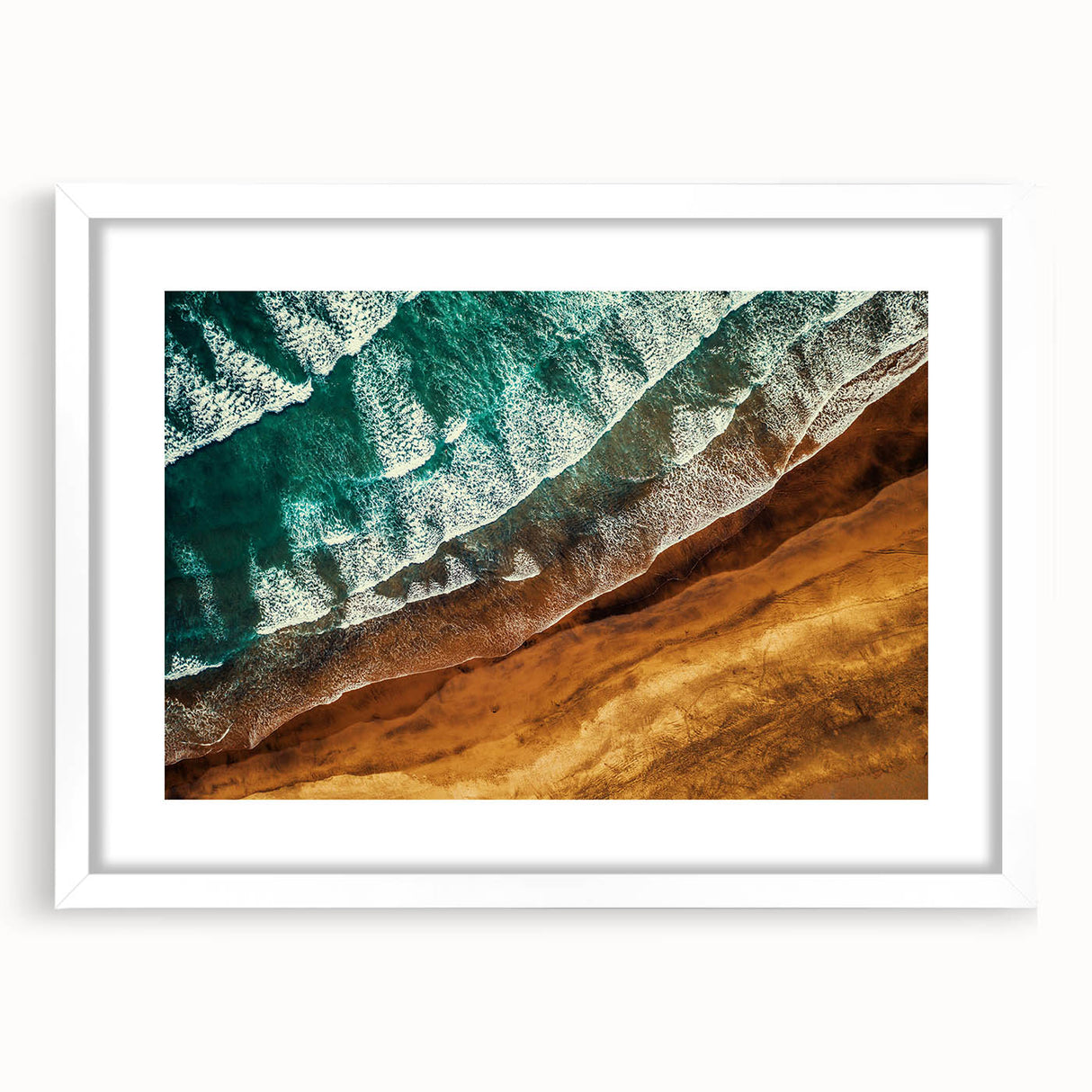 Abstract art print of New Zealand's West Coast in muted blue and gray tones on a white framed canvas.