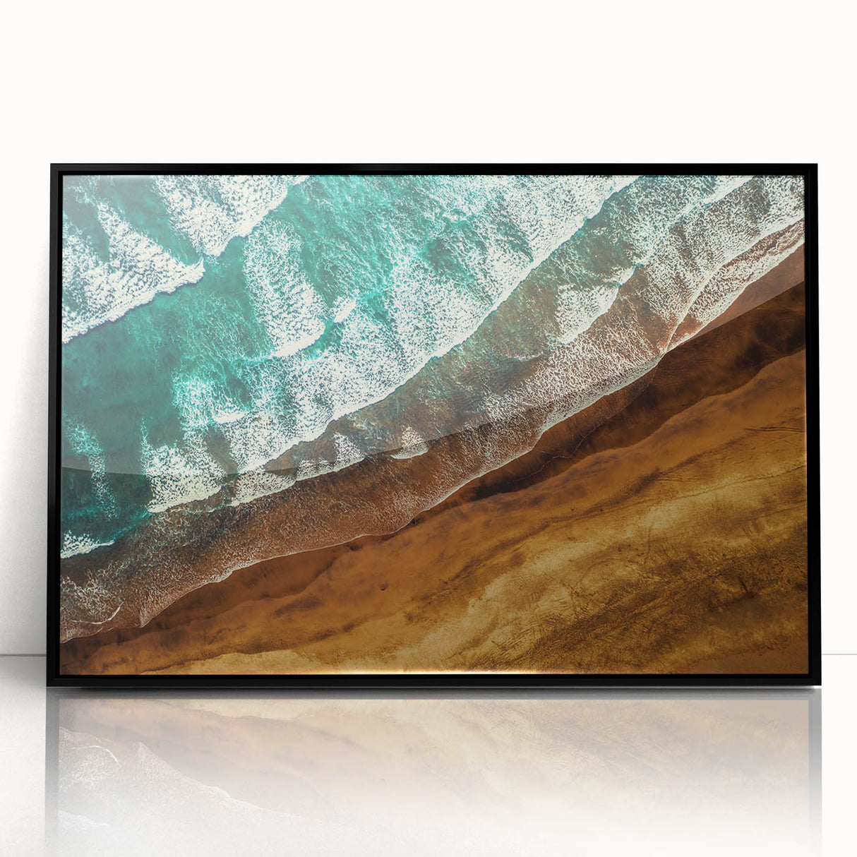 Large abstract wall art depicting the rugged New Zealand west coast in muted earth tones, framed in black acrylic.