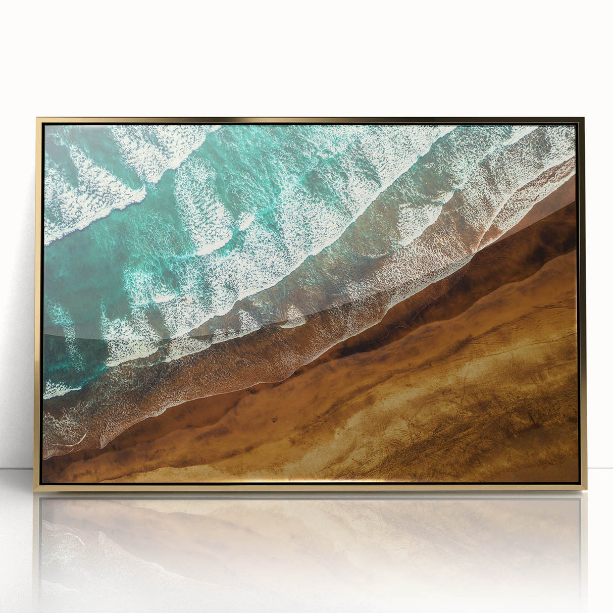 Large art print of New Zealand's West Coast in muted earth tones on framed acrylic, suitable for modern nursery decor.