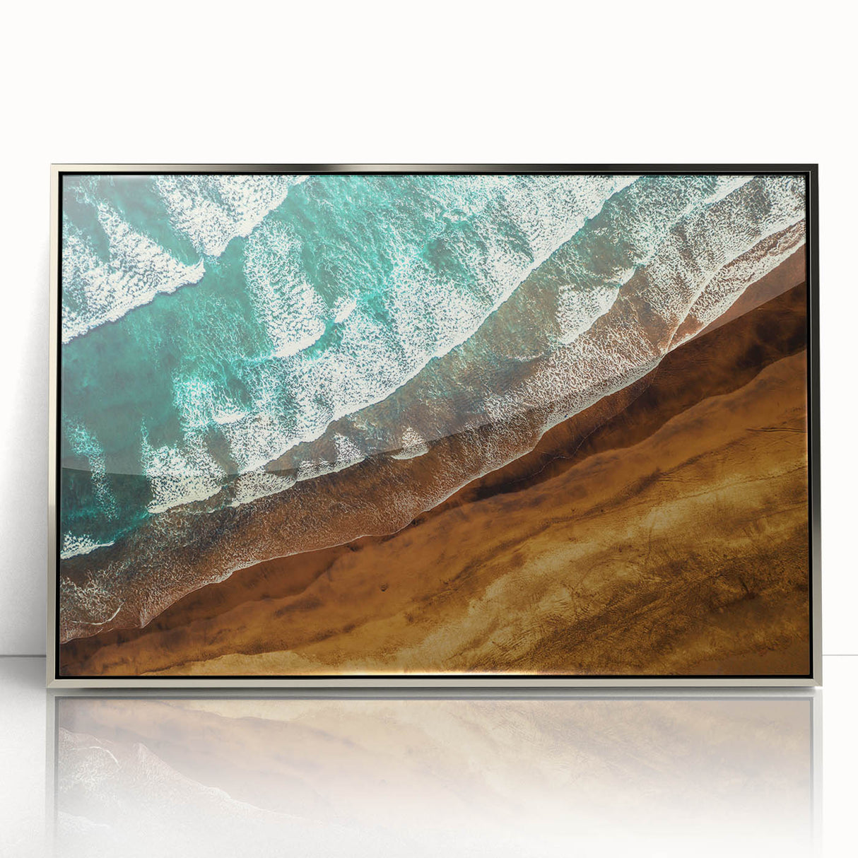 Mid-century modernist art of New Zealand's West Coast in silver-framed acrylic, featuring muted earth tones.