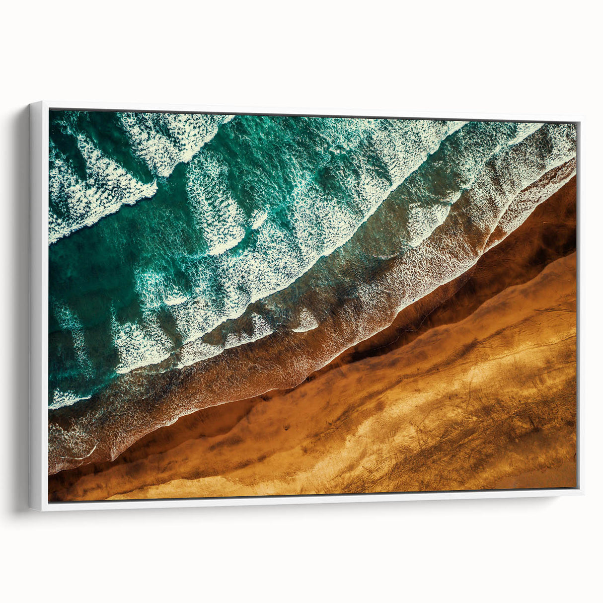 Vintage poster art of New Zealand's West Coast in vibrant colors on a white-framed canvas, ideal for living room decor.