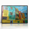 Large abstract wall art depicting a stylized Buenos Aires cityscape in muted gray and blue tones on a framed acrylic.