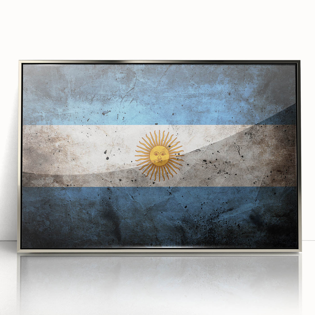 Mid-century modernist art depicting an abstract Argentine landscape in acrylic, framed in silver.