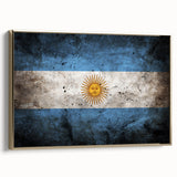 Framed canvas featuring a vintage-style landscape painting of an Argentine scenery in muted earth tones.