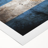 Art deco poster of an Argentine landscape, featuring muted earth tones on rolled canvas, suitable for dining room decor.