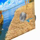 Large abstract wall art depicting a Bolivian landscape in earthy tones on acrylic glass, suitable for dining room ambiance.