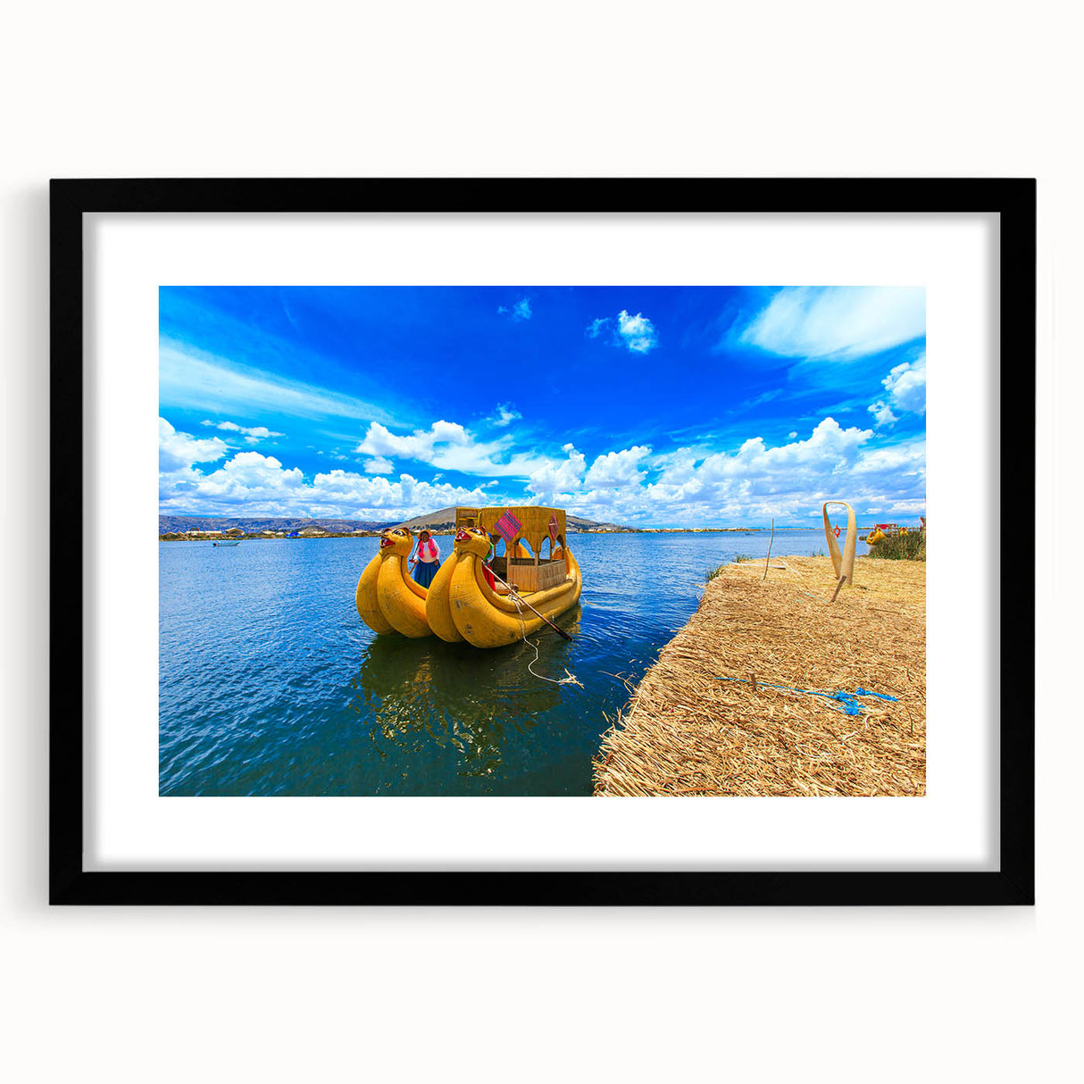Extra large abstract art print of a colorful Bolivian landscape on textured canvas, framed in black.