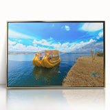 Large art print of a Bolivian landscape in mid-century modernist style, framed in gold acrylic, ideal for nursery wall art.