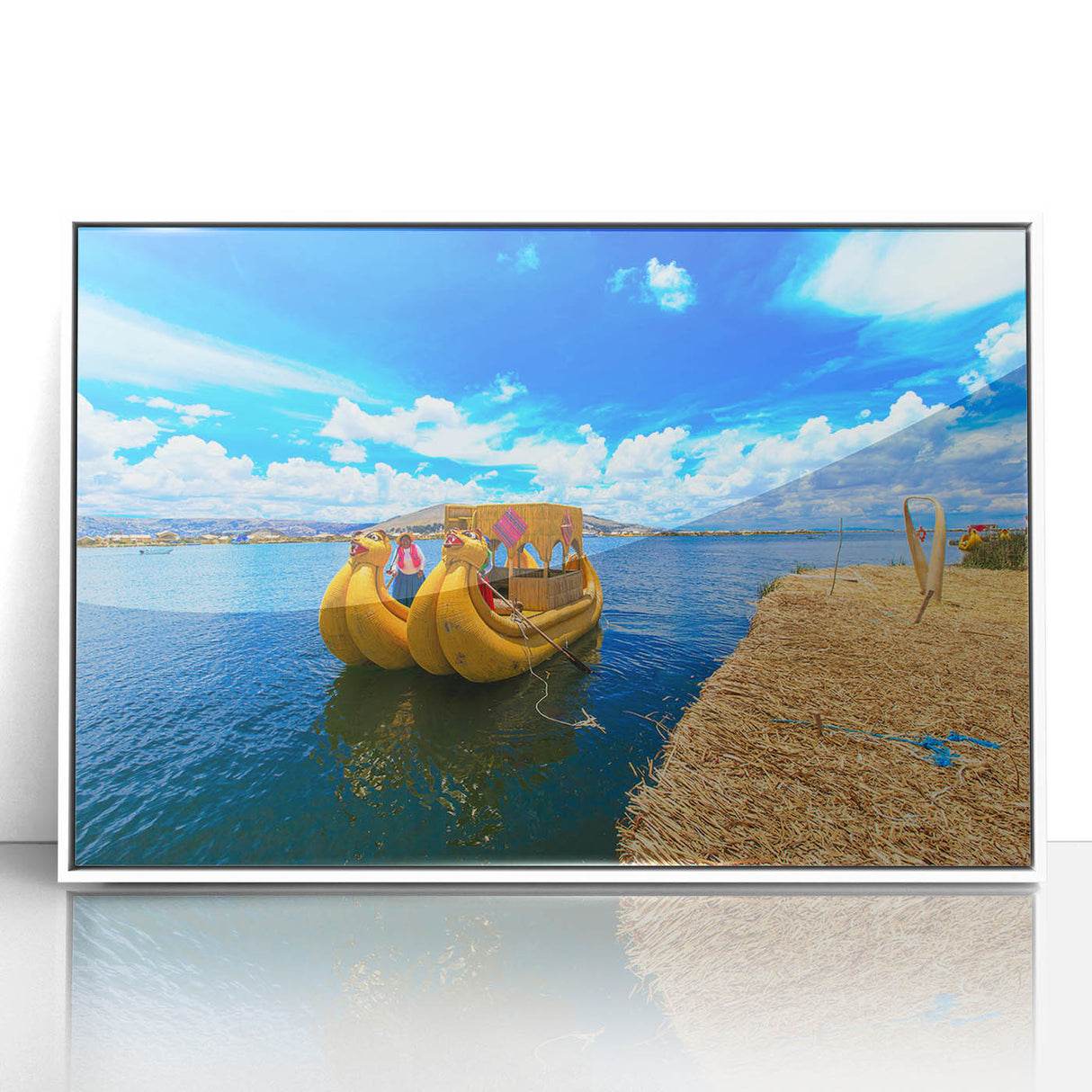 Acrylic print of a Bolivian landscape, featuring muted earth tones and a white frame, suitable for modern art wall decor.