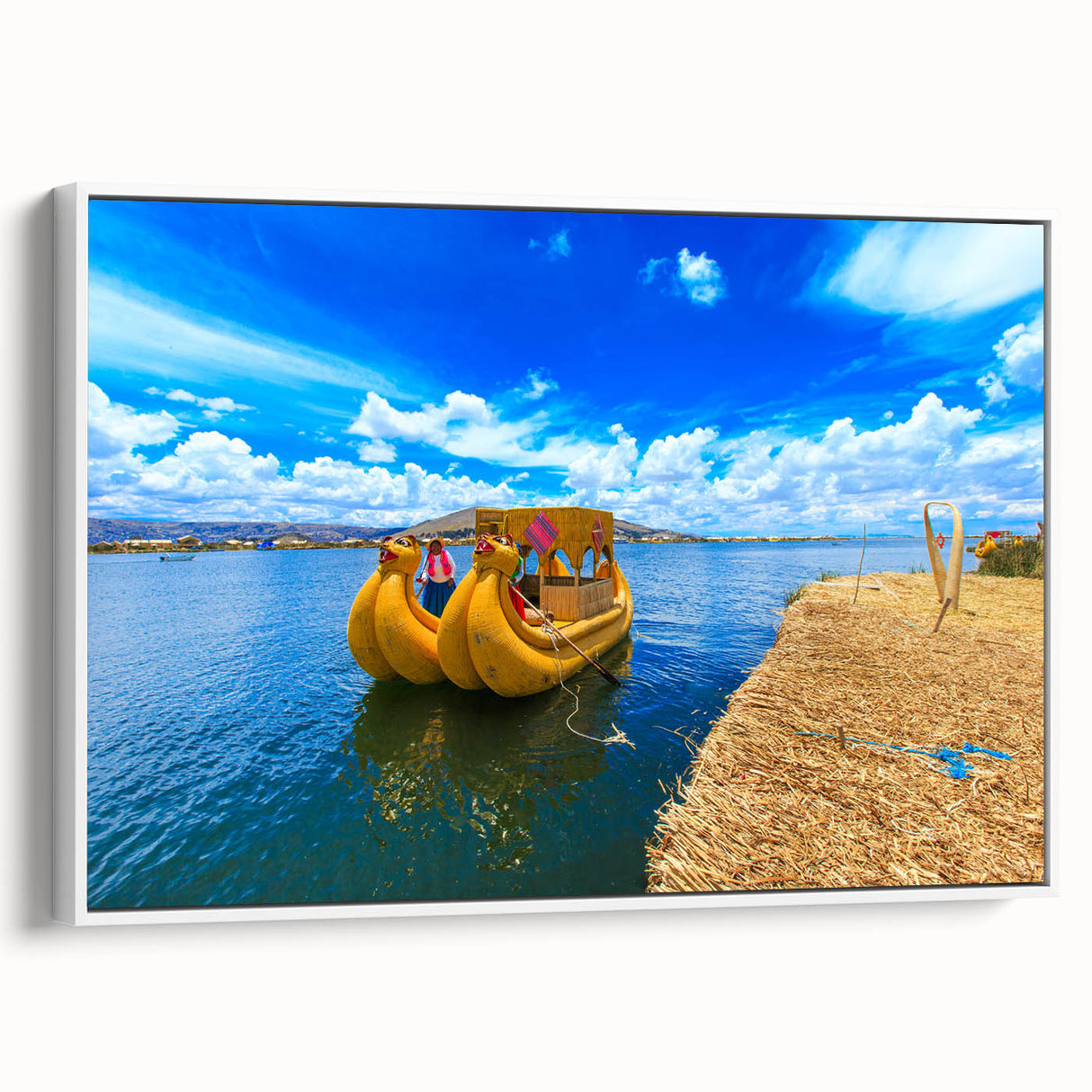 Vintage poster art of a Bolivian landscape on a framed canvas, featuring vibrant colors and black accents.