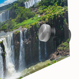 Large abstract acrylic print of a stylized Brazilian landscape in earthy tones, ideal for dining room art.