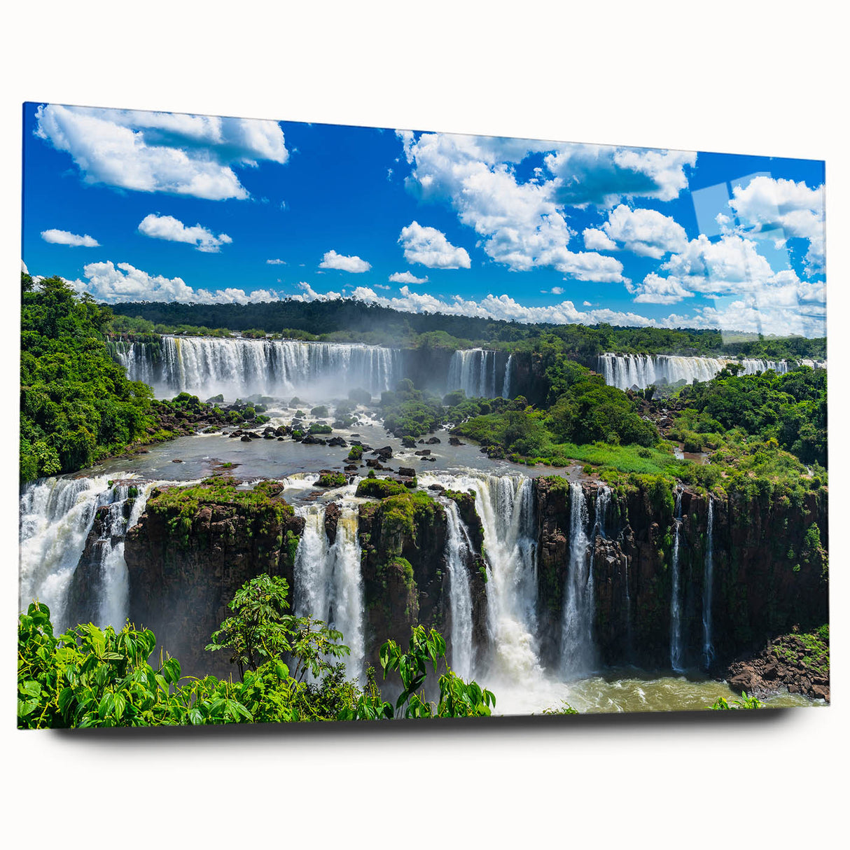 Large abstract wall art depicting a Brazilian landscape in vibrant greens and blues on acrylic glass.
