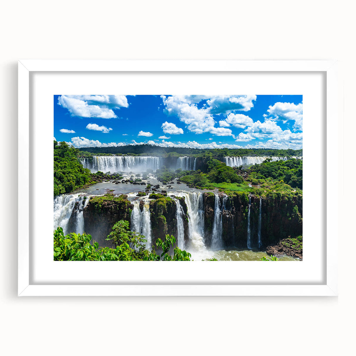 Abstract art print of a Brazilian landscape in muted earth tones, framed with a white mat, ideal for dining room decor.