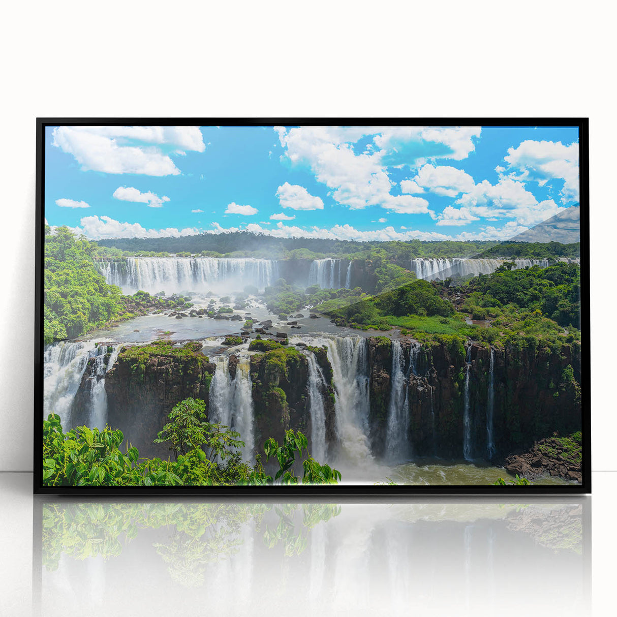 Large abstract wall art depicting a stylized Brazilian landscape in vibrant colors, framed in black acrylic.
