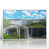 Art deco poster featuring a stylized Brazilian landscape in pastel colors, framed in white acrylic.