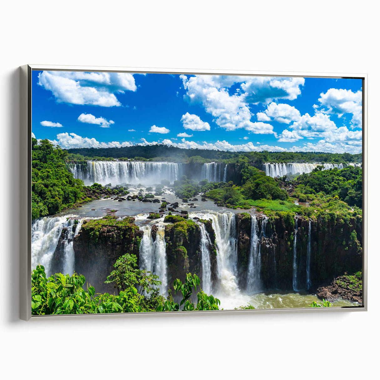 Landscape art painting of a Brazilian scenery on framed canvas, featuring vibrant colors with a vintage poster style.