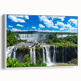 Vintage poster art of a Brazilian landscape in vibrant colors on a large framed canvas, ideal for living room decor.