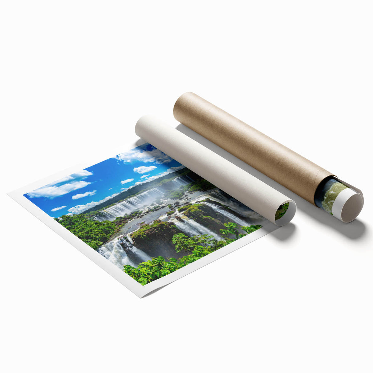 Rolled print of a Brazilian landscape with vibrant green and yellow hues, ideal for large living room wall art.