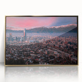 Large art print of Santiago, Chile skyline in gold acrylic frame, showcasing mid-century modernist style.
