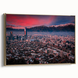 Framed canvas of Santiago, Chile landscape in vintage poster style with black and gold tones, ideal for bedroom wall art.