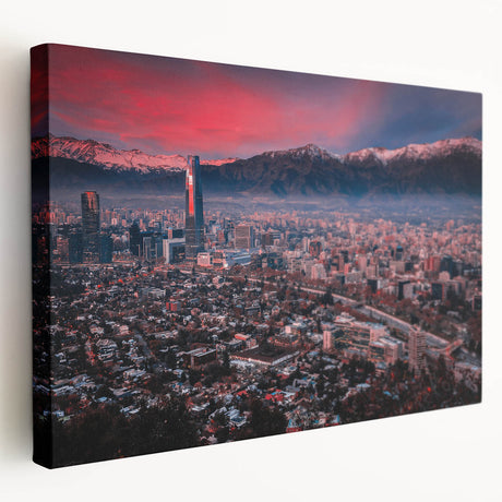 Panoramic view of Santiago, Chile skyline in muted earth tones on stretched canvas, suitable for kitchen wall art.
