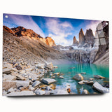 Acrylic print of a large abstract depiction of a South American scenery in earth tones.