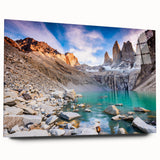 Large abstract wall art of a Chilean landscape in muted earth tones, printed on acrylic glass.