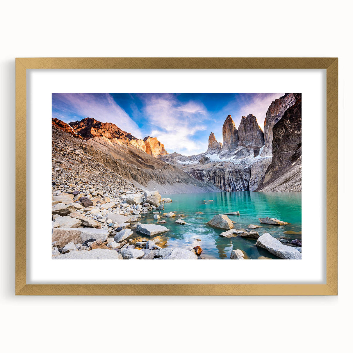 Extra large abstract art print of a serene Chilean landscape in muted earth tones, framed in gold.