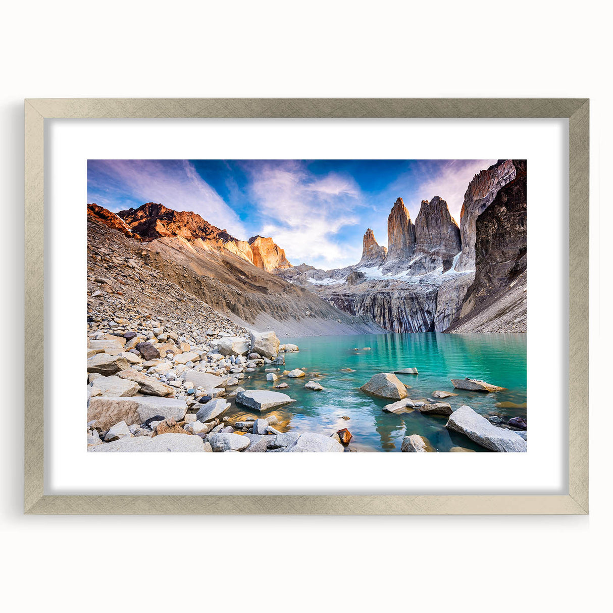 Textured abstract art print of a Chilean landscape in silver frame, ideal for bedroom art, featuring muted earth tones.