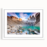 Abstract art print of a Chilean landscape in muted earth tones on a framed white mat, ideal for dining room decor.