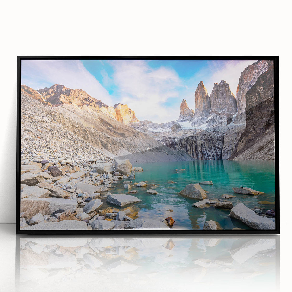 Large abstract wall art of a Chilean landscape in muted earth tones, framed in black acrylic.