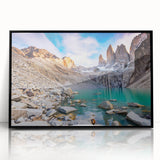 Large abstract wall art of a Chilean landscape in muted earth tones, framed in black acrylic.