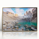 Large art print of a South American Chilean landscape in mid-century modernist style, framed in gold acrylic.