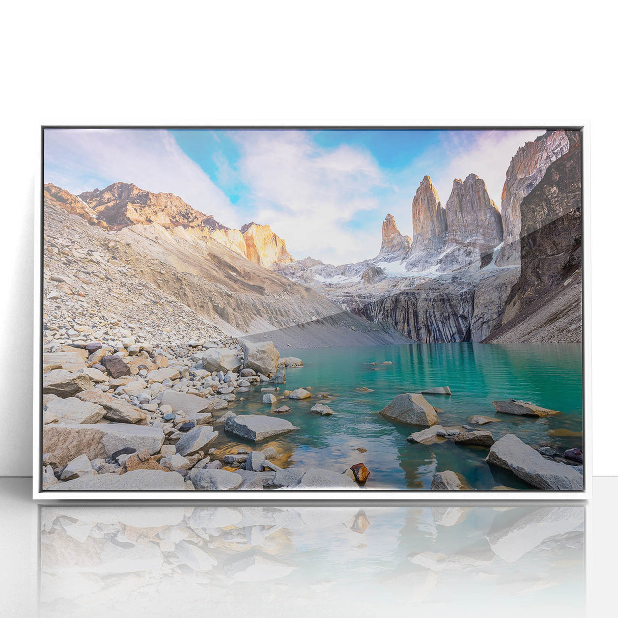 Art deco poster of a Chilean landscape in muted earth tones on framed acrylic, ideal for modern art wall decor.