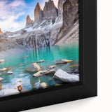 Black wall art depicting a textured Chilean landscape in vibrant colors on a framed canvas, ideal for living room decor.