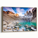 Framed canvas featuring a vintage-style landscape painting of a Chilean scenery in muted gold and black tones.