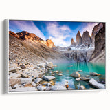 Vintage poster art of a colorful Chilean landscape on a large framed canvas, ideal for living room decor.