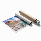 Extra large rolled print of a serene Chilean landscape with lush floral elements, ideal for classy bathroom wall art.