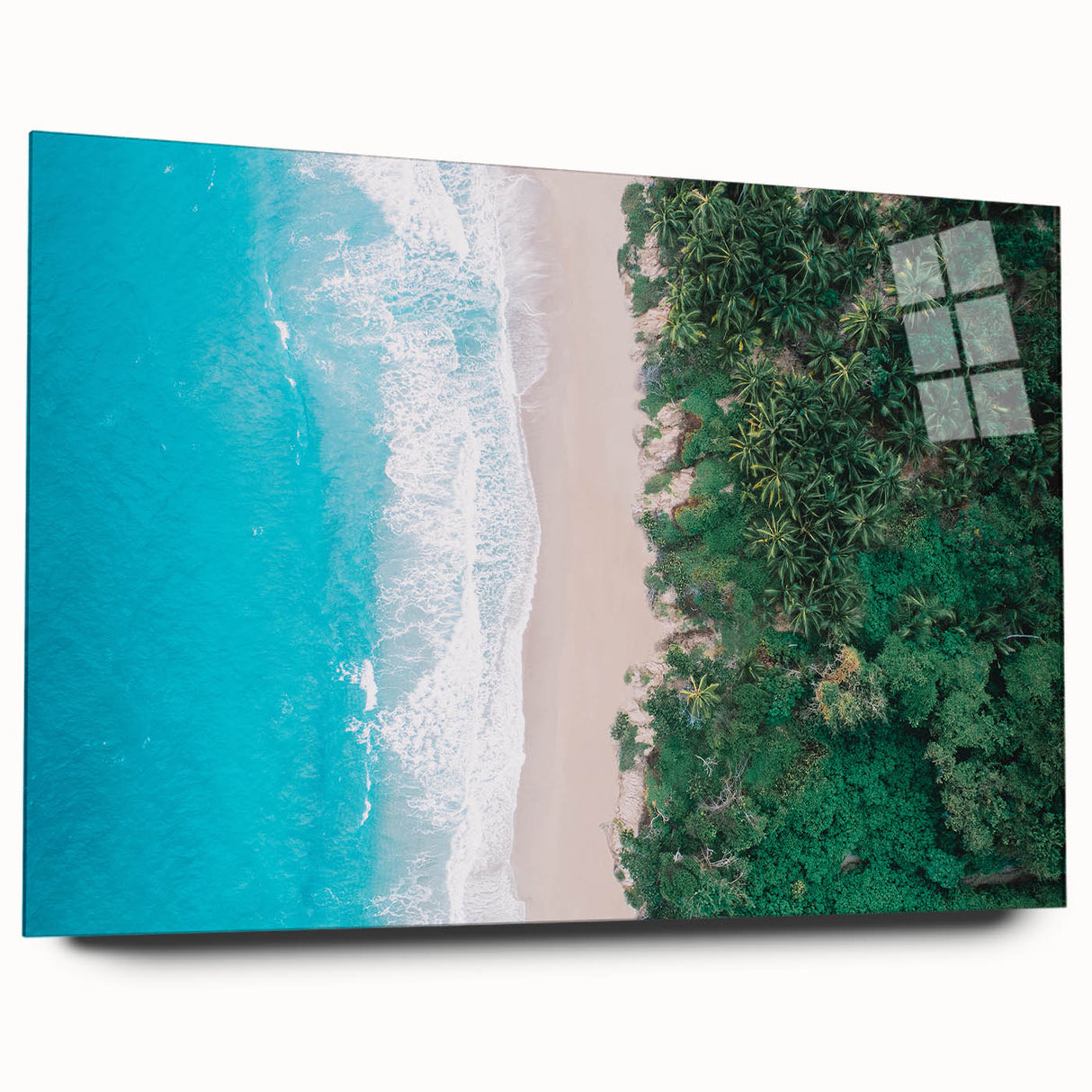 Large abstract wall art featuring vibrant hues of blue and green, printed on acrylic glass.