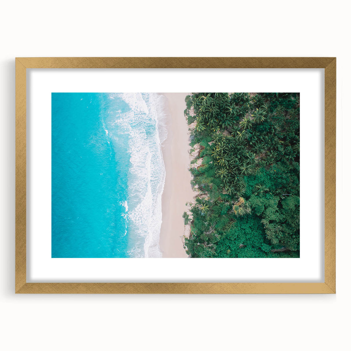 Extra large abstract art print depicting a textured Colombian landscape in earthy tones, framed in gold.