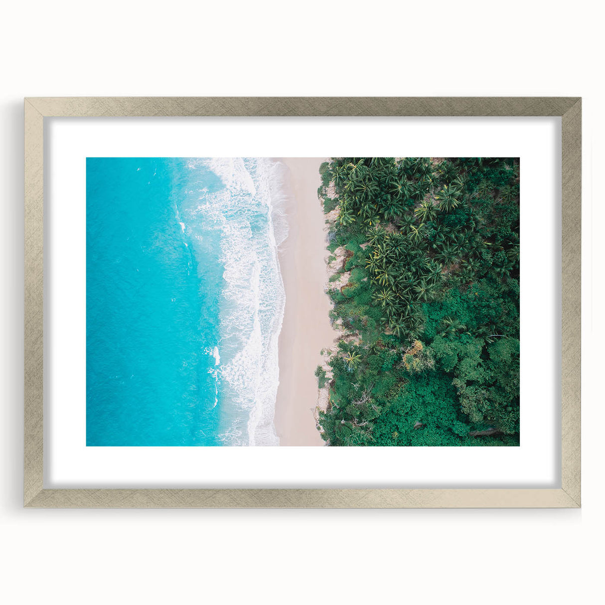 Textured abstract art print of a Colombian landscape in muted earth tones, framed in silver, ideal for bedroom art.